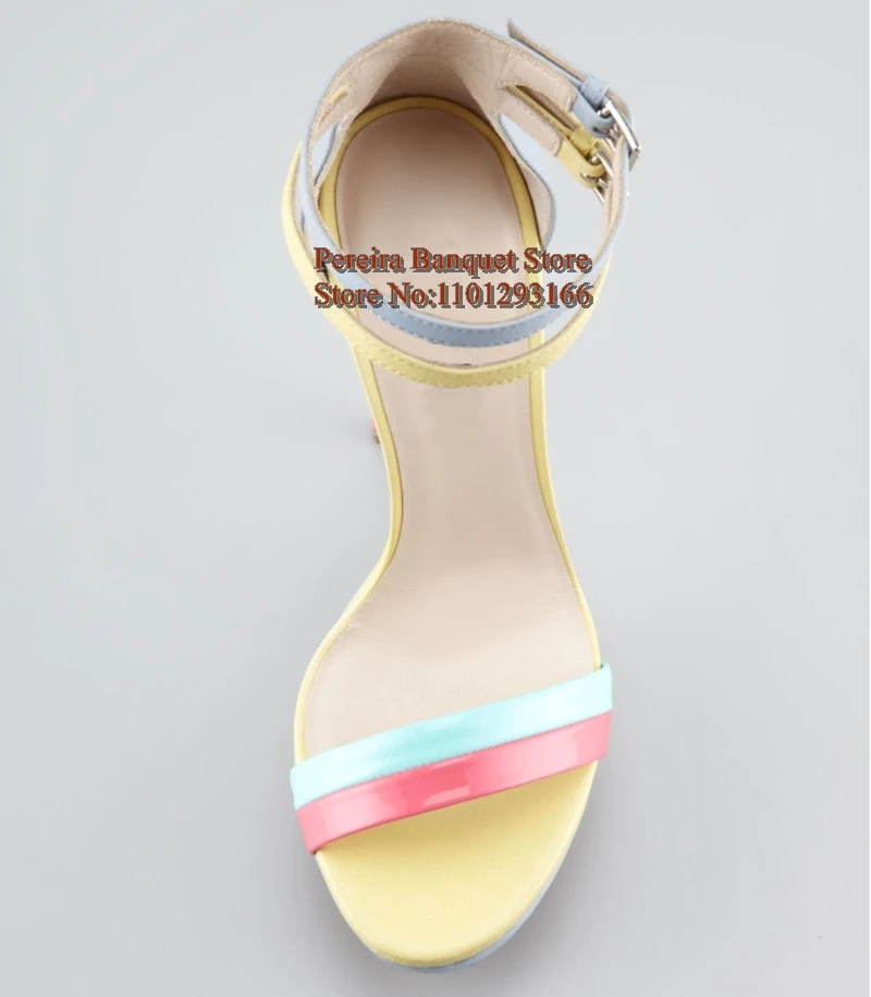 

Mixed Colors Ankle Strap Platform Heels Sandals Pu Leather Patchwork Cutouts Thin Heels Summer Banquet Party Shoes