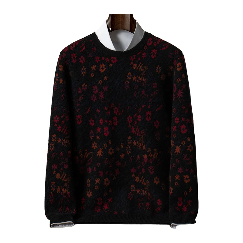 

Модный свитер из 100% чистого кашемира, мужской свитер, четырехсторонний воздушный слой, круглый вырез, свободный трикотаж, жаккардовый базовый слой, верхняя одежда