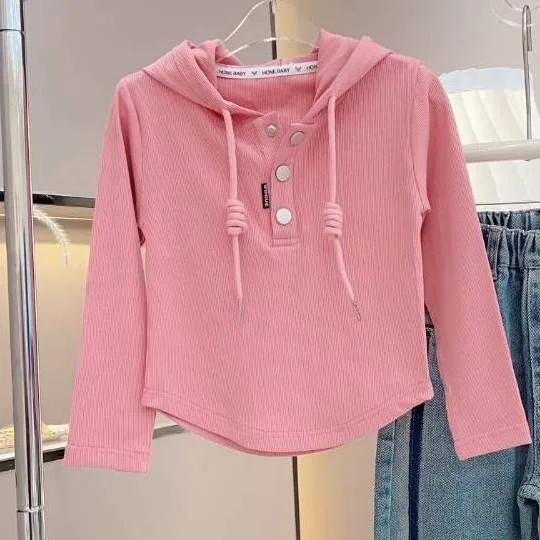 2026 New Hooded Button Tops Kids Girls Spring Autumn Slim Fit Long Sleeve Top Tees Girls Simple Solid Color T-Shirt