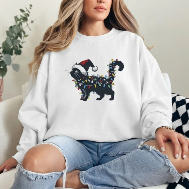 Felpa natalizia gatto nero Felpa con cappuccio Amante dei gatti Gattino Regalo di Natale Felpa con cappuccio per le vacanze Moda di strada Autunno Inverno Felpa con cappuccio termica Top