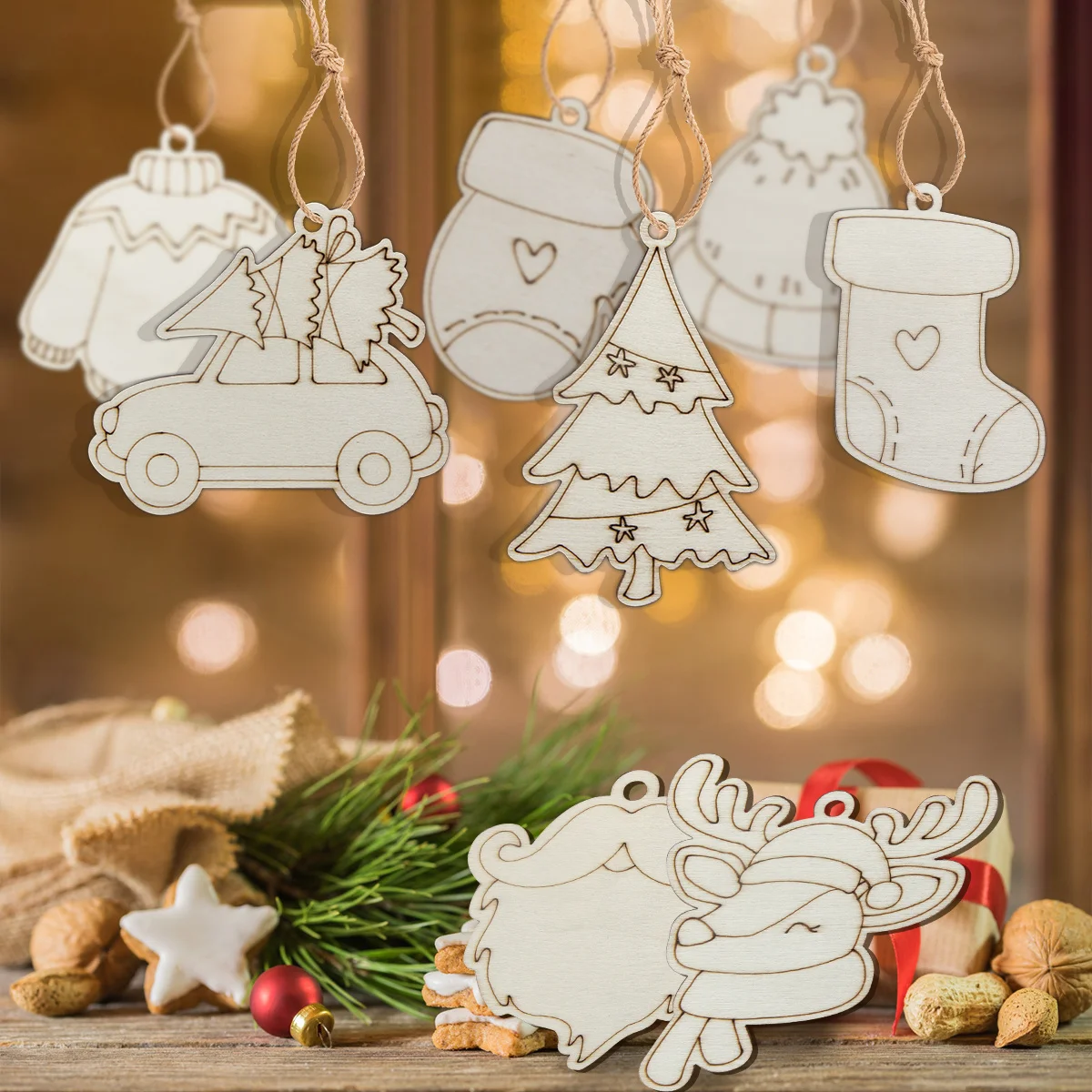 8Pcs Christmas Deer Cart Hat Wooden Ornament Xmas Tree Hanging Pendant For Navidad Party Decor Noel DIY Painting Gifts Supplies