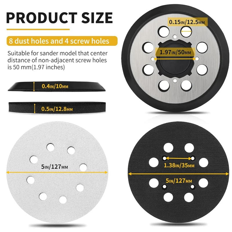 

A25F-Metal Pad Replacement 5 Inch 8 Holes Hook Loop Orbital Sander For DWE6423 6423K DWE6421 6421K DCW210B