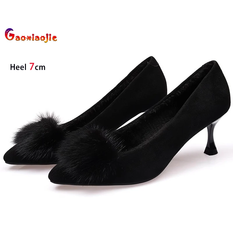 

2025 Черные женские туфли на высоком каблуке из норки, 5 см, 7 см, замшевые женские туфли-лодочки на тонком каблуке с острым носком, повседневная обувь с неглубоким носком