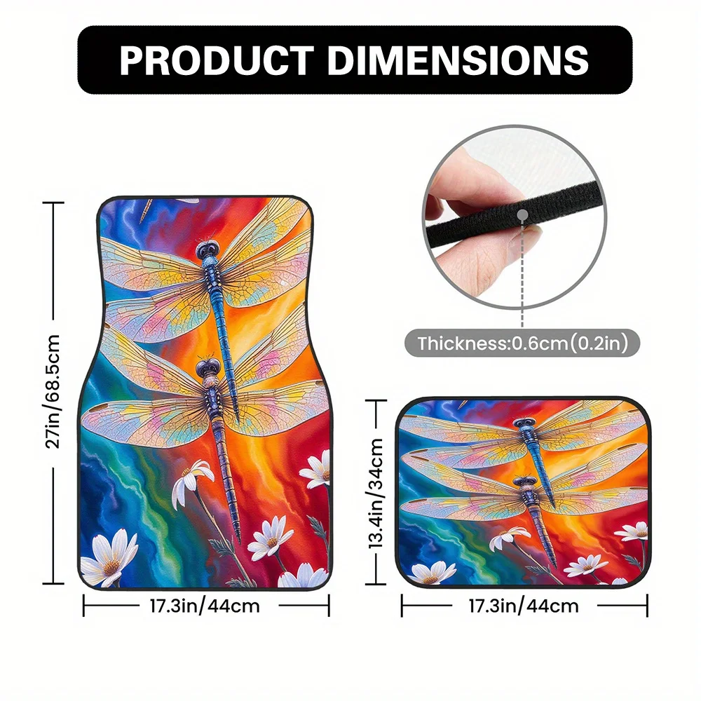 4pcs Vibrant Dragonfly & Blossom Watercolor Floor Mats - Durable Polyester, Non-Slip, Easy-Clean, Perfect For Family Travel & Da