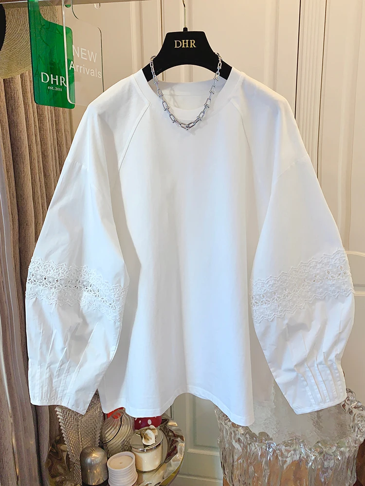 

Белая кружевная длинная футболка Sve irt, женская свободная футболка-фонарь Све, утягивающая футболка с базовым слоем, французский хлопок, круглый Ne