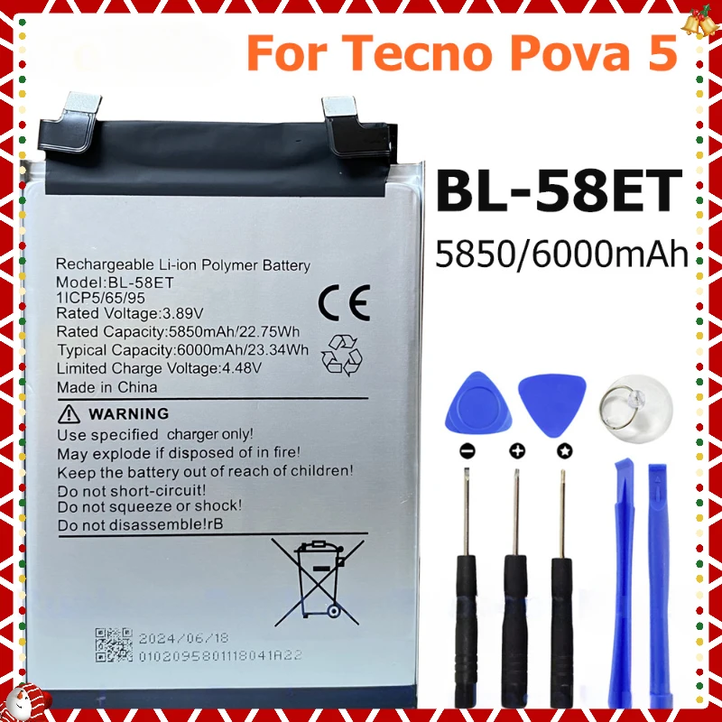 6000mAh BL-58ET Battery for Tecno Pova 5, LH7n Smart Mobile Phone Battery 3.89V Mobile Phone Batteries