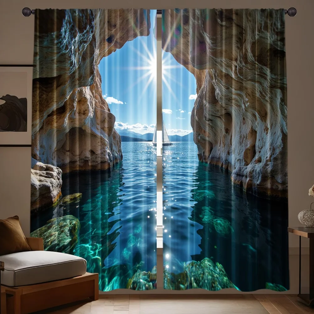 2PCS Digital Printed Curtains, Ocean Rocks Coastal Marine Nature Scene, Window Curtains for Living Room Bedroom Home Decoration