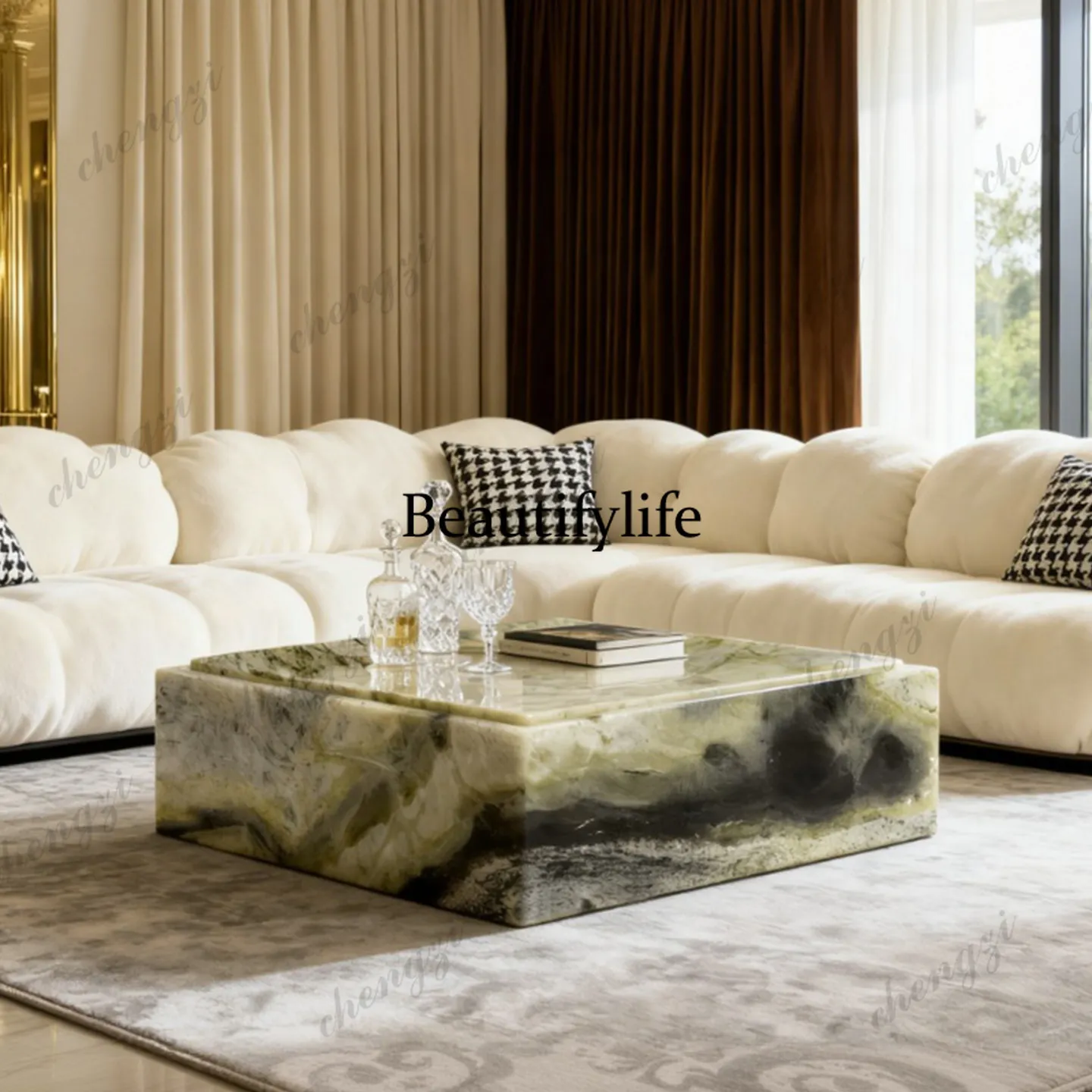 P37 light luxury minimalist square coffee table living room household natural marble high-end tea table