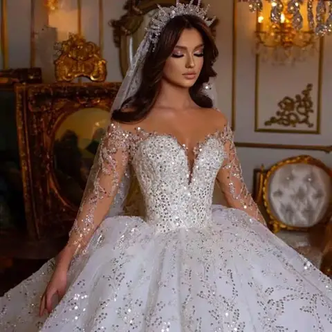 Customized Luxury Royal Glitter Wedding Dress Sweetheart Long Sleeve Robe De Mariee Lace Sequined Ball Gown Bride Dress