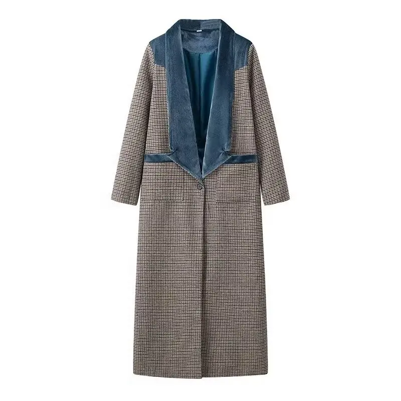 TRAFZA-Women Elegant Soft Tweed Long Coat Patchwork Plaid Coat Robe New 2024 Autumn Winter Fashion High Street Outwear Coat