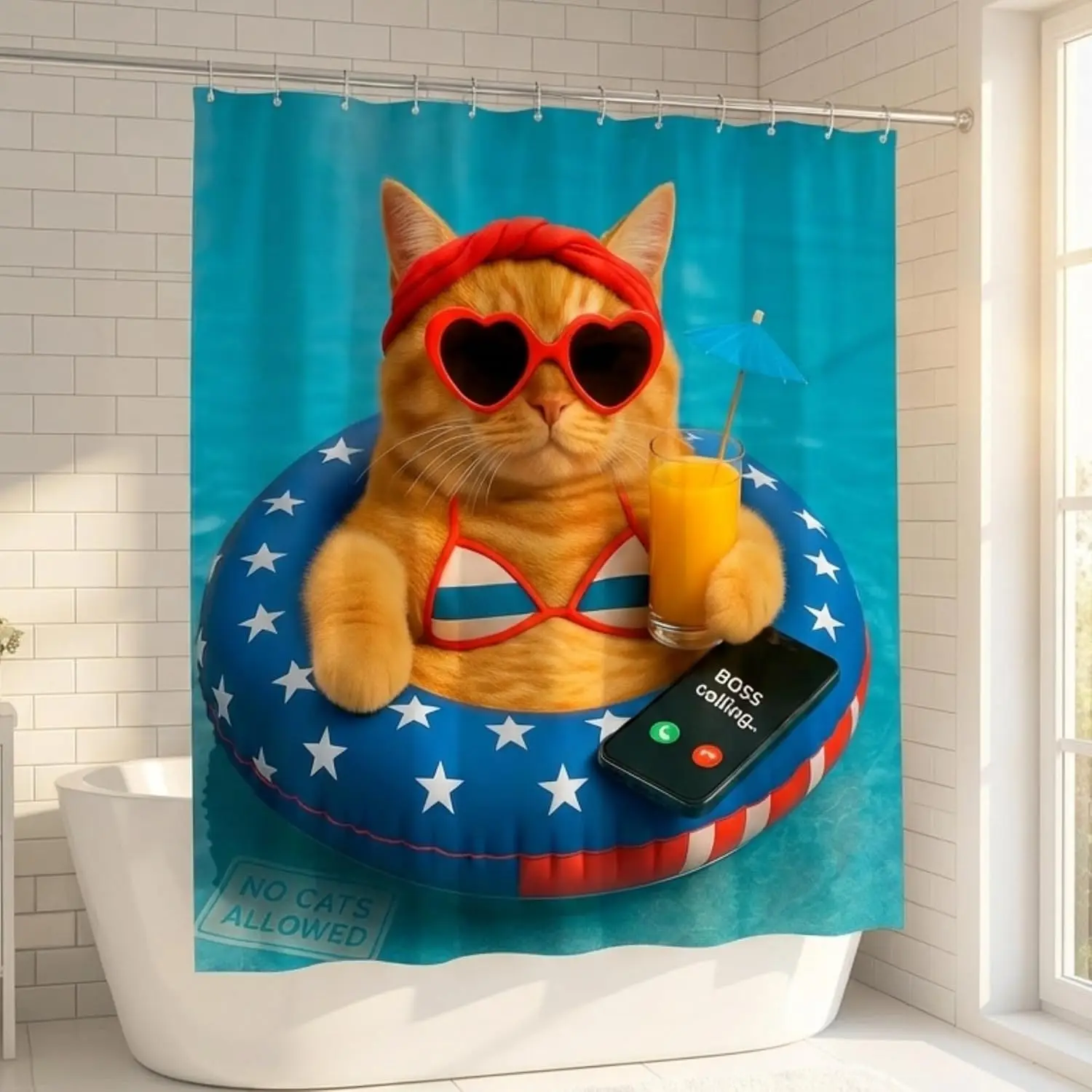 Funny Cat Lover Shower Curtain Waterproof Bathroom Decor Novelty Beach Summer Polyester Curtain for Pet Themed Bathroom Accessor