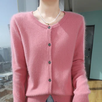 Cardigan en cachemire de vison pur pour femme, veste à manches longues, manteau chaud, col rond, tout va, mode automne et hiver, grande taille, Y, 100%