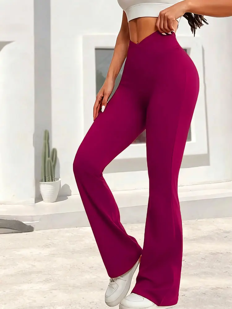 Flare Leggings Long Sports Casual Slightly Flared Hem Cross Waist Stretch High Waist Spring Black Women Trousers