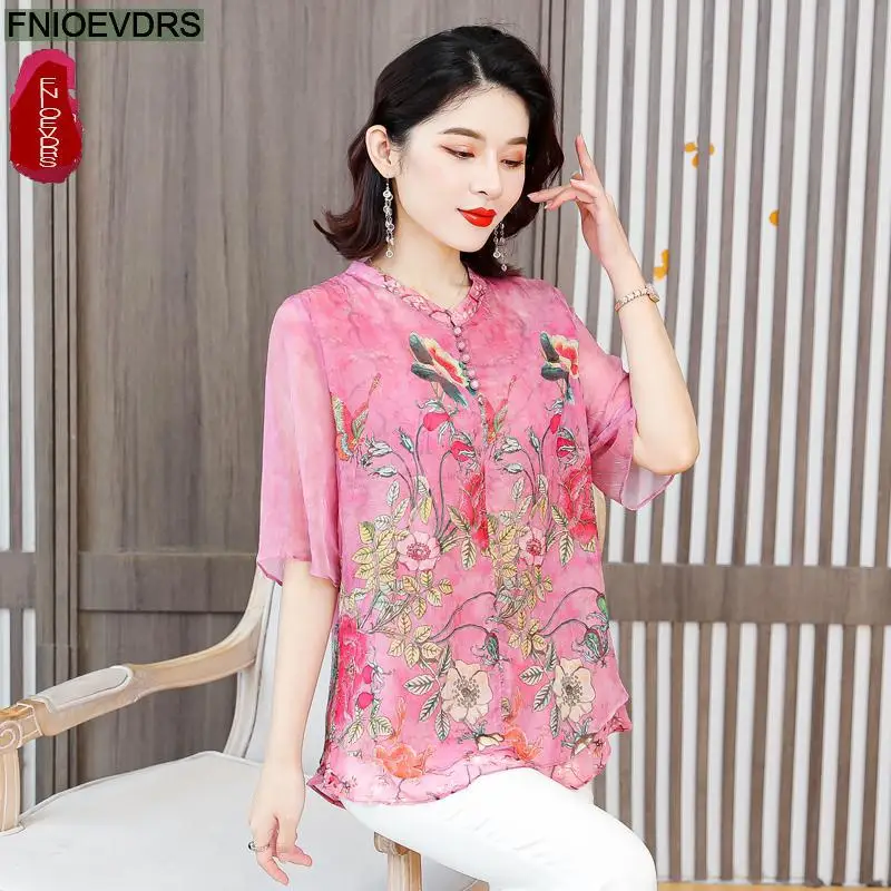 L-5XL Loose Clothes Women 2023 Summer Elegant Office Lady Stand Collar Shirts Casual Retro Vintage Floral Print Pink Top Blouses