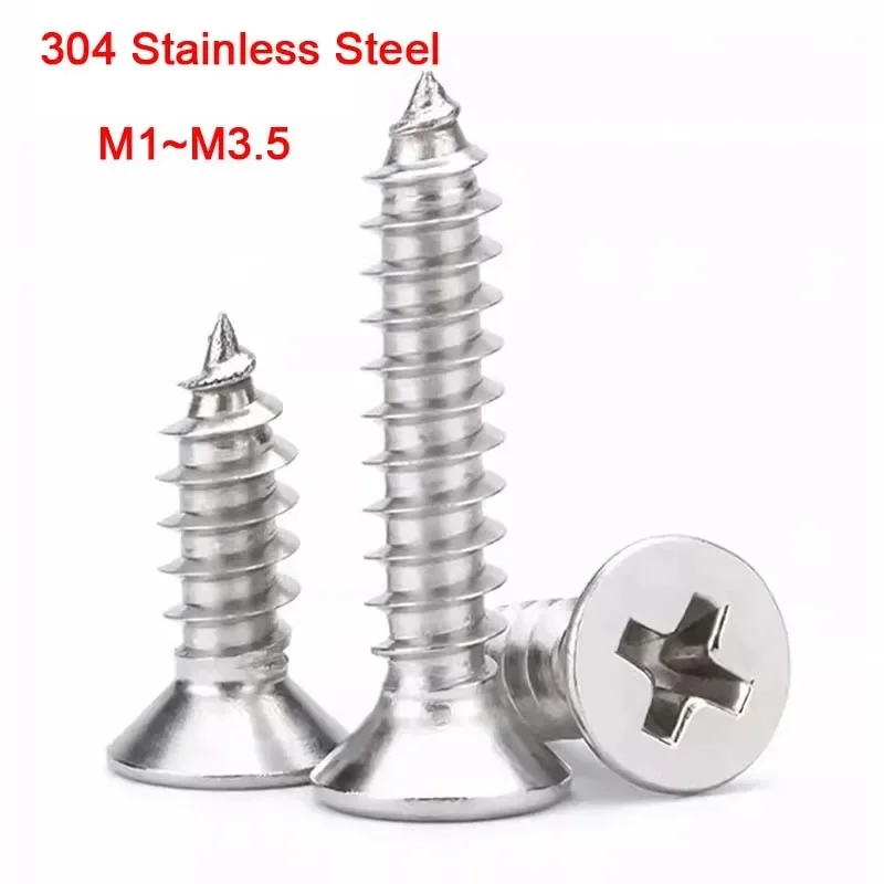 M1M1.2M1.4M1.7M2M2.2M2.6M3M3.5 304 Stainless Steel Phillips Screws Countersunk Flat Head Cross Self Tapping Screw for Wood Wall