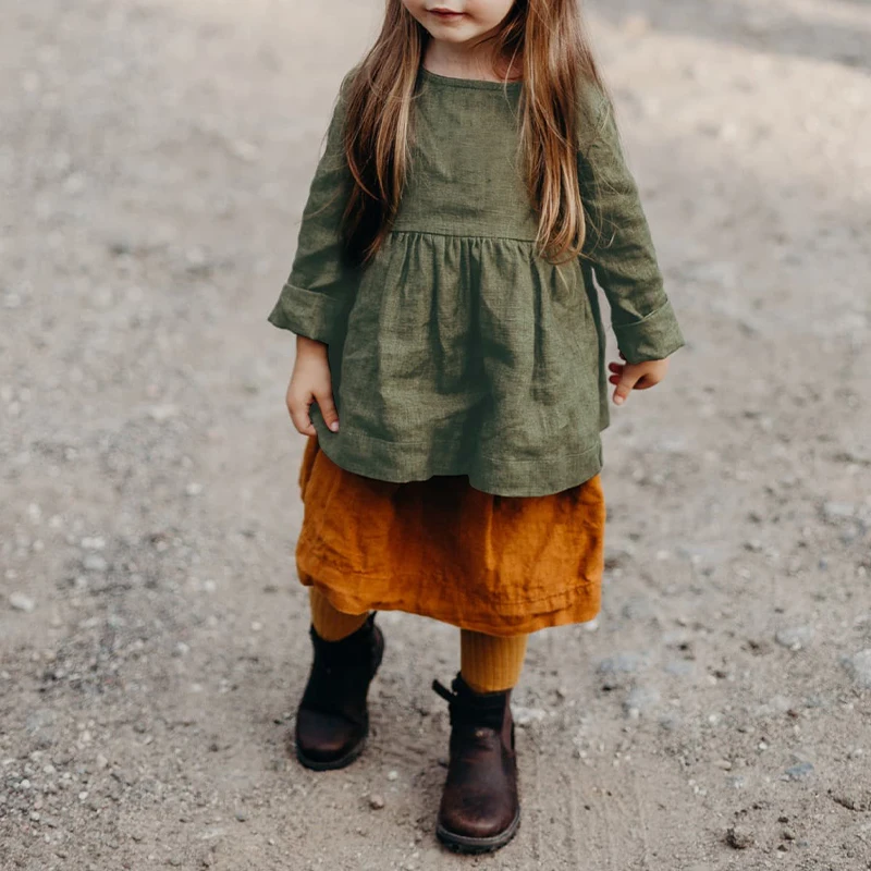 Retro Linen Long-Sleeved Shirt Girl's 2026 Solid Color Spring New Chic Ruffled Cotton And Linen Shirts Casual Baby Kids Blouse