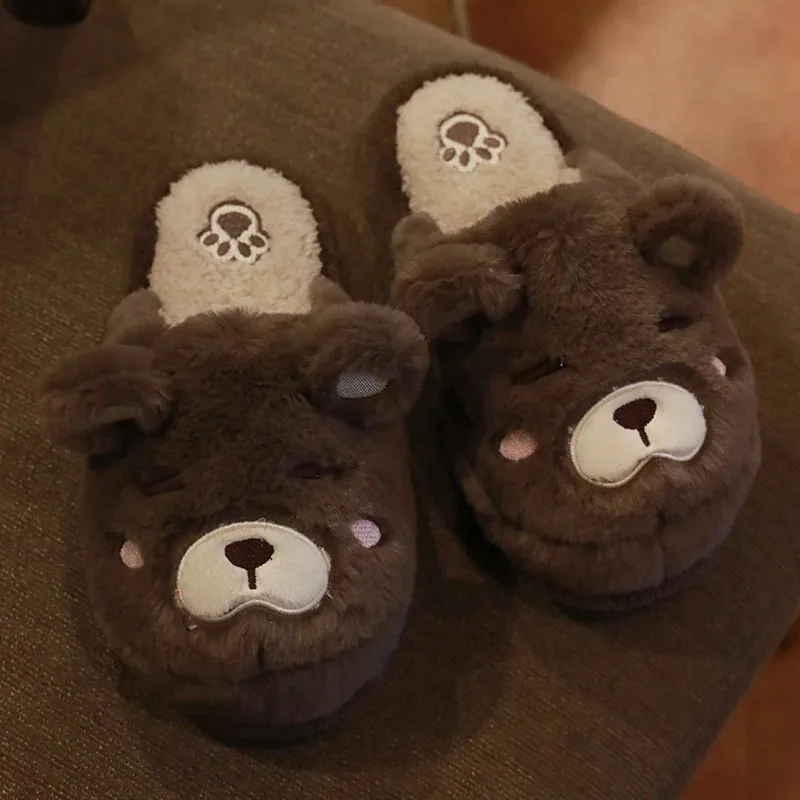 Cartoon Bear Slipper for Women Winter Indoor Warm Faux Fur Shoes Flip Flops Cute Animals Plush Platform Ladies Home Slippers