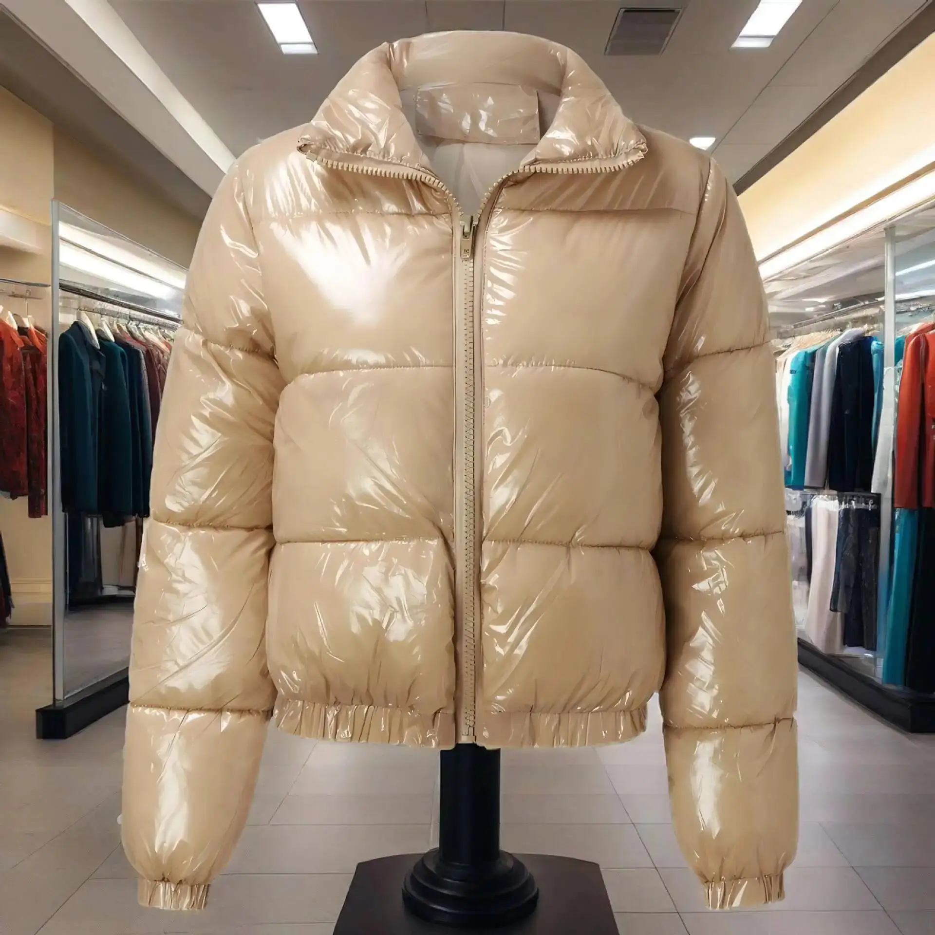 

Women's Cotton Jacket Short Bright Color Metal Street Style Rock Fashion Fleece-Lined Zipper Closure Casual Outerwear