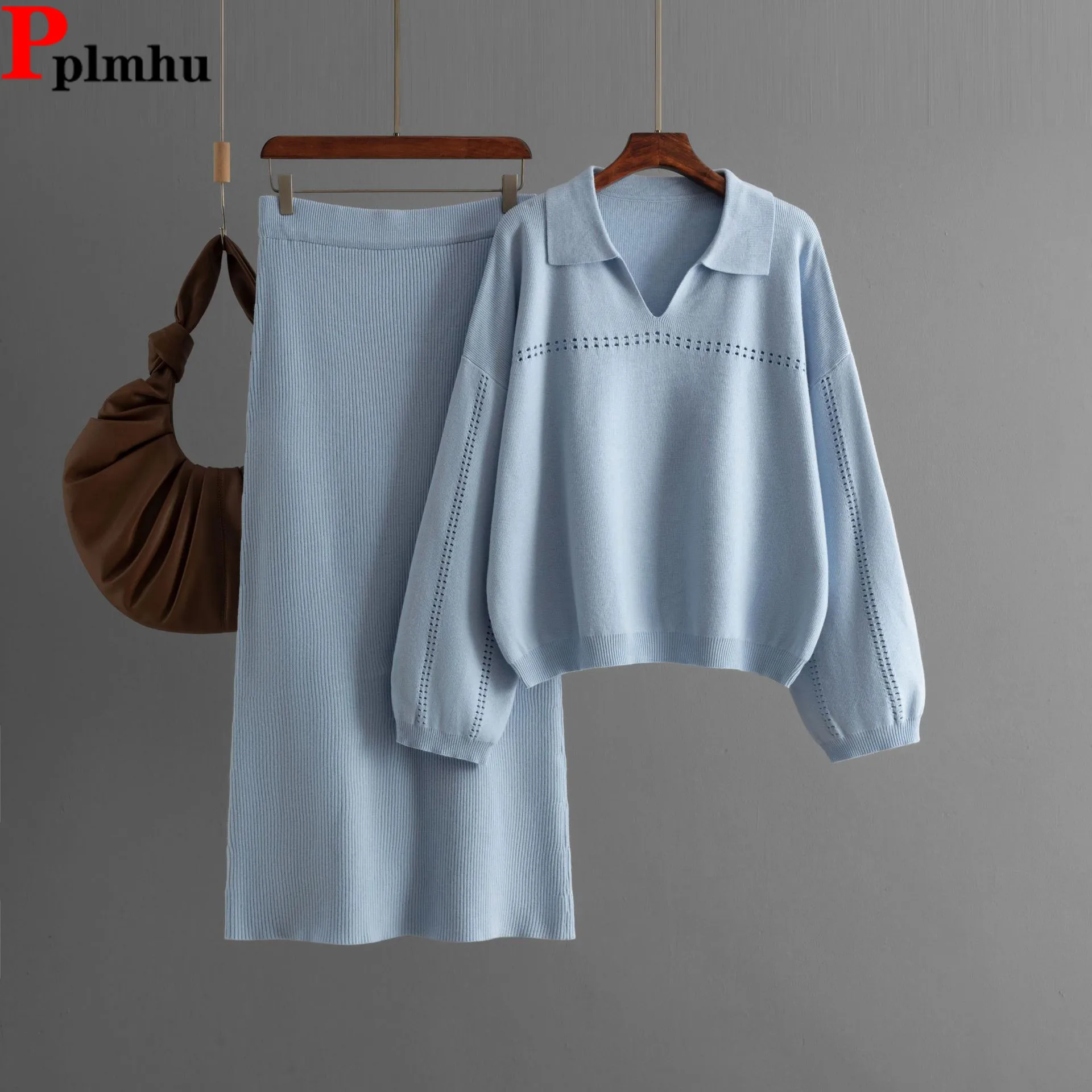 Elegant New Knitted 2 Piece Sets Women Polo Neck Long Sleeve Knitwears Sweater Pullover Tops Suits Casual Solid Skirt Conjuntos