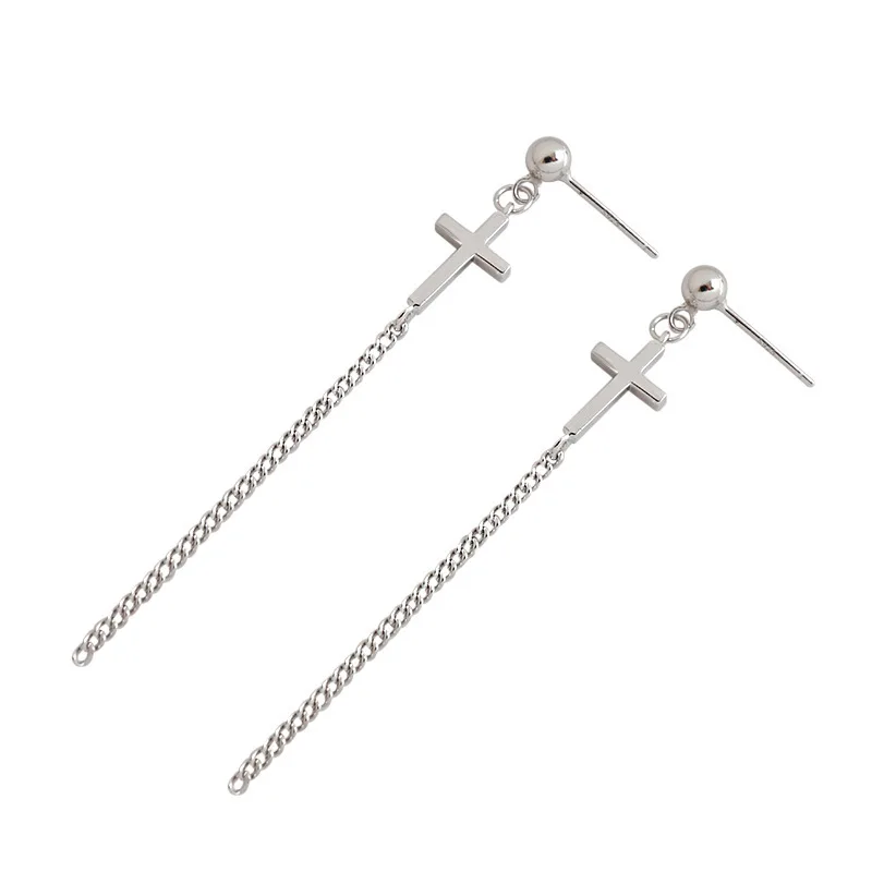 

925 Sterling Silver Cross Dangle Chain Earrings Minimalist Drop Design Fine Jewelry for Women Punk Daily Wear