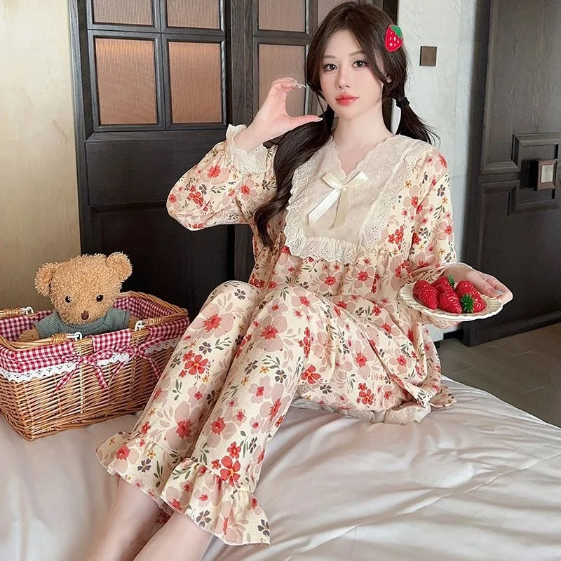 Explosive Nightwear Women Spring and Autumn Sweet Princess Wind High-grade Long-sleeved Pants Plus Size  Outside The Home Wear