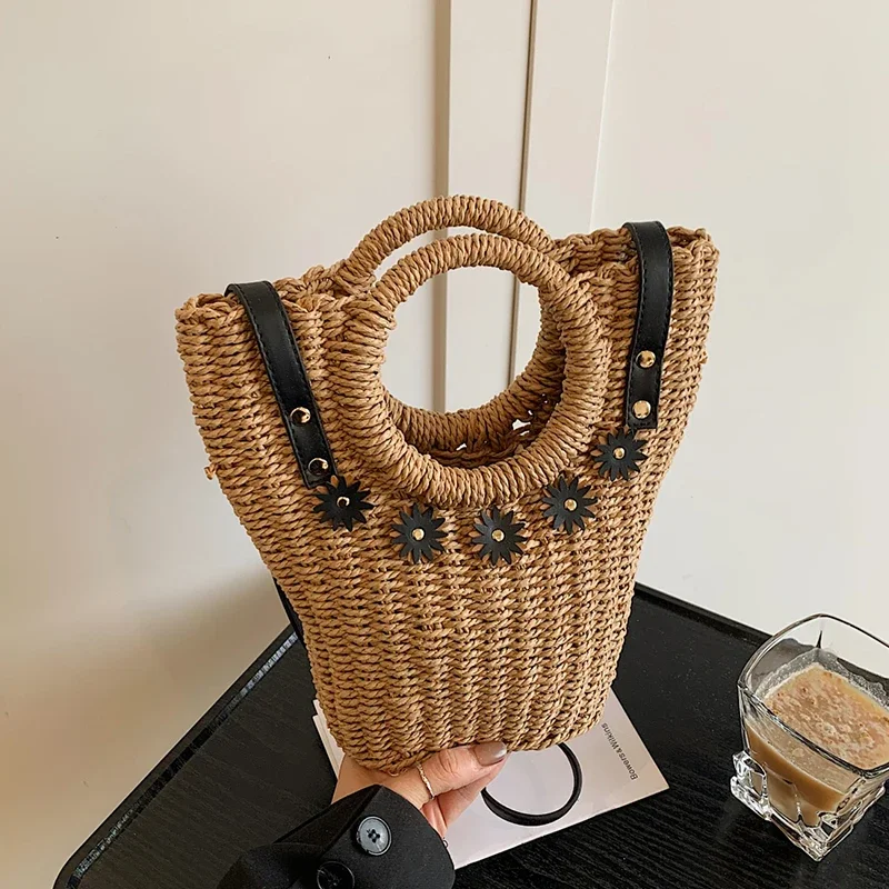 

Straw Bag Women Hand-Woven Handbag Quality Leather Shoulder Bags Beach Totes Lager Capacity Shopping Bag Rattan Bucket bolsos