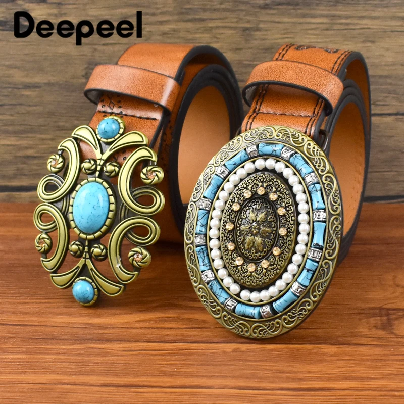 1Pc Deepeel 3.8*115cm Fashion Women's Vintage Leather Belt Luxury Stone Buckles Embossed Waistband for Jeans Female Waist Corset