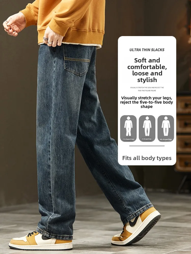 Celana Jeans Pria Model Lurus Longgar Musim Semi Baru Gaya Amerika Kasual Celana Panjang Lebar Trendi Vintage Pakaian Kerja Klasik Denim Biru