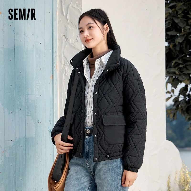 Semir Cotton Clothing Women Stand Collar Loose 2024 New Winter Texture Rhombus Cotton Coat Fashion Casual