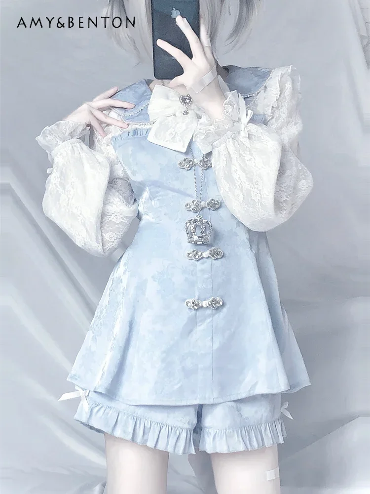 Conjunto de vestido de Jacquard de la serie Mine japonesa, conjunto de dos piezas con cuello de muñeca Lolita, vestido con manga acampanada y lazo, pantalones cortos para mujer