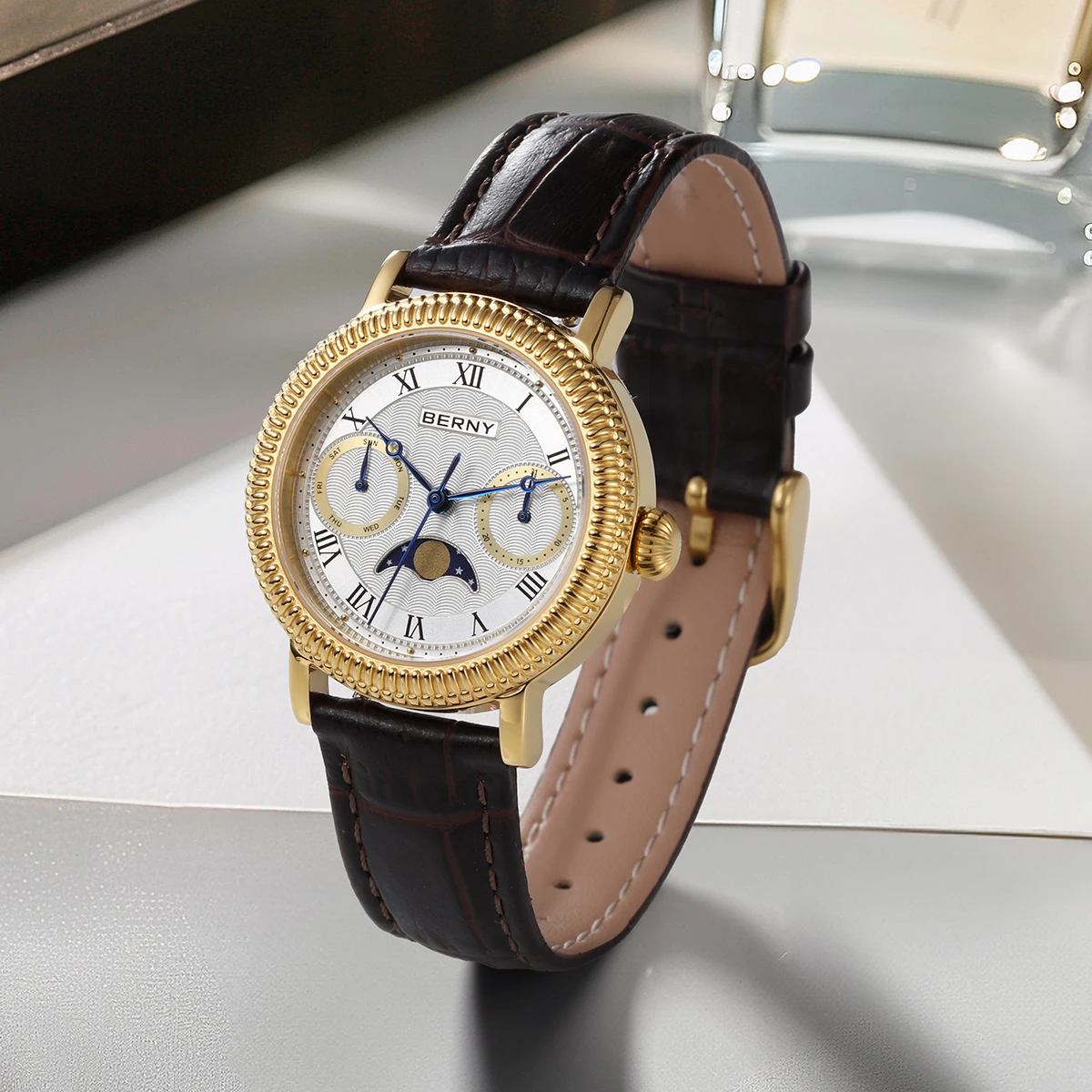 BERNY Watches for Women Week Calendar Sapphire Luxury Dress Ladies Gold Quartz Watch Elegant Vintage Moon Phase Wristwatch Gifts