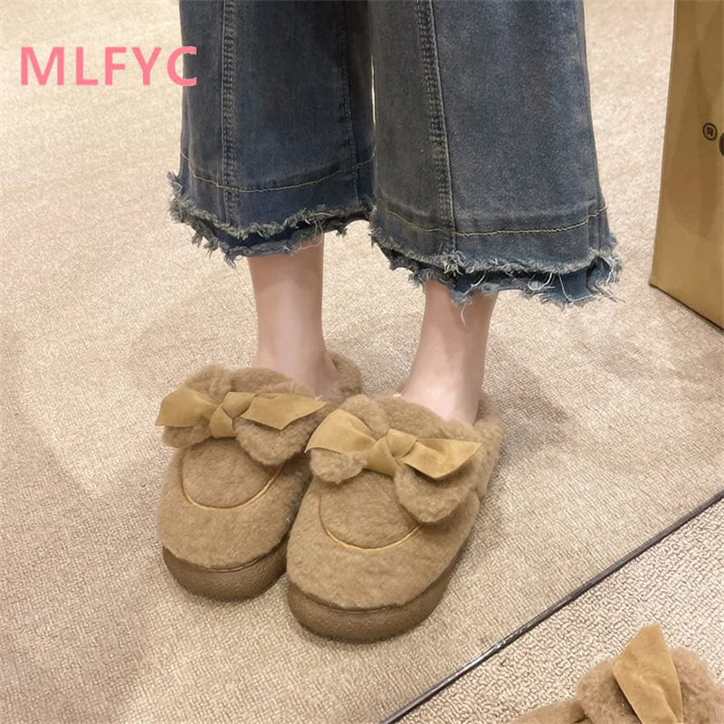2023 Cotton Slippers female Winter Thick Sole External Wear Cotton Shoes Indoor Cute Bow Cotton Slippers mujer Casual Slippers