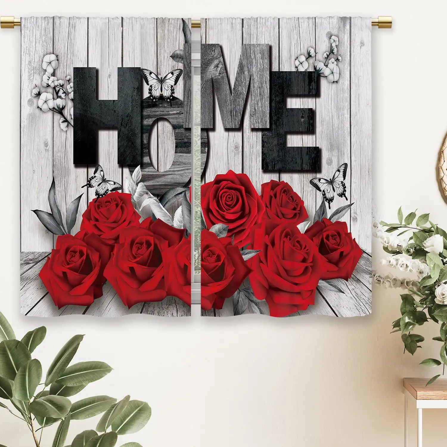 2pcs Curtains Peach Skin Polyester Red Rose Farmhouse Floral Rustic Black Rod Pocket Short Drapes Kitchen Bathroom Cafe Window