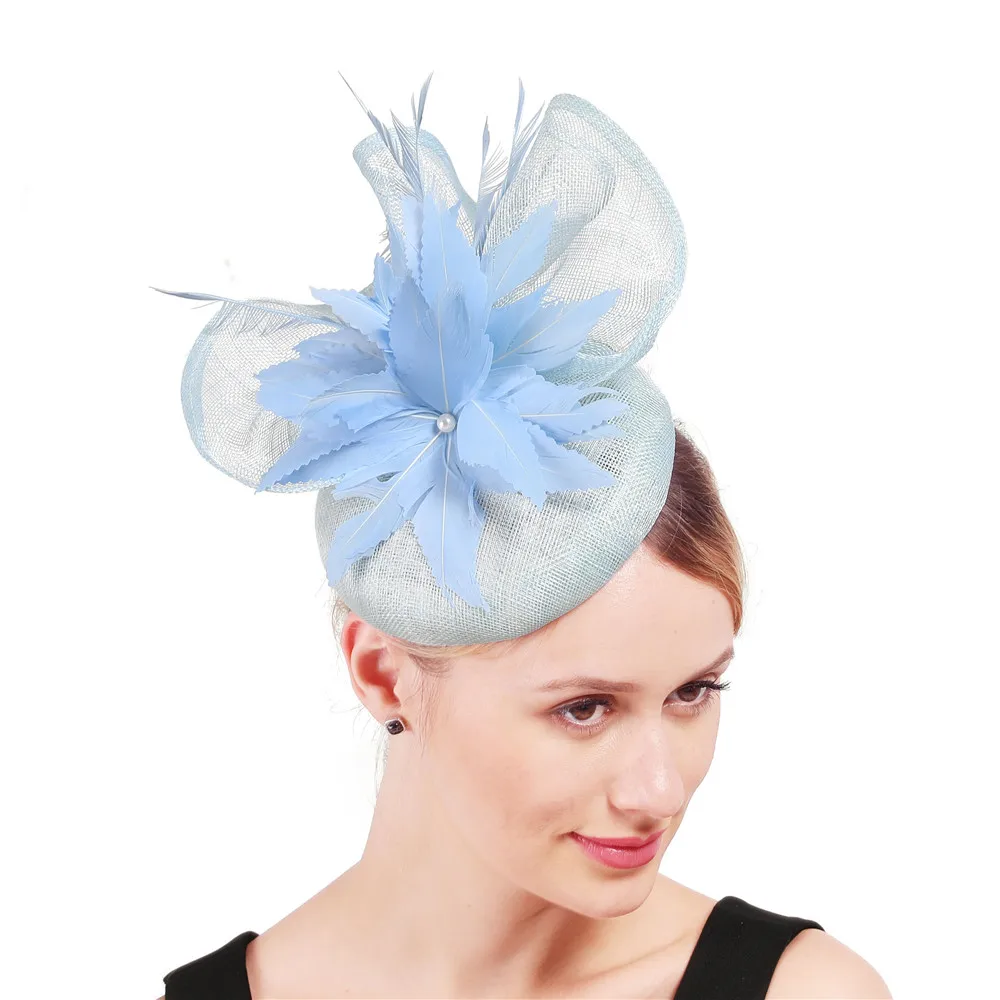 4 Layer Sinamay Linen Fascinator Elegant Headpiece Female Accessories Wedding Mesh Feather Millinery Hat Light Blue High Quality