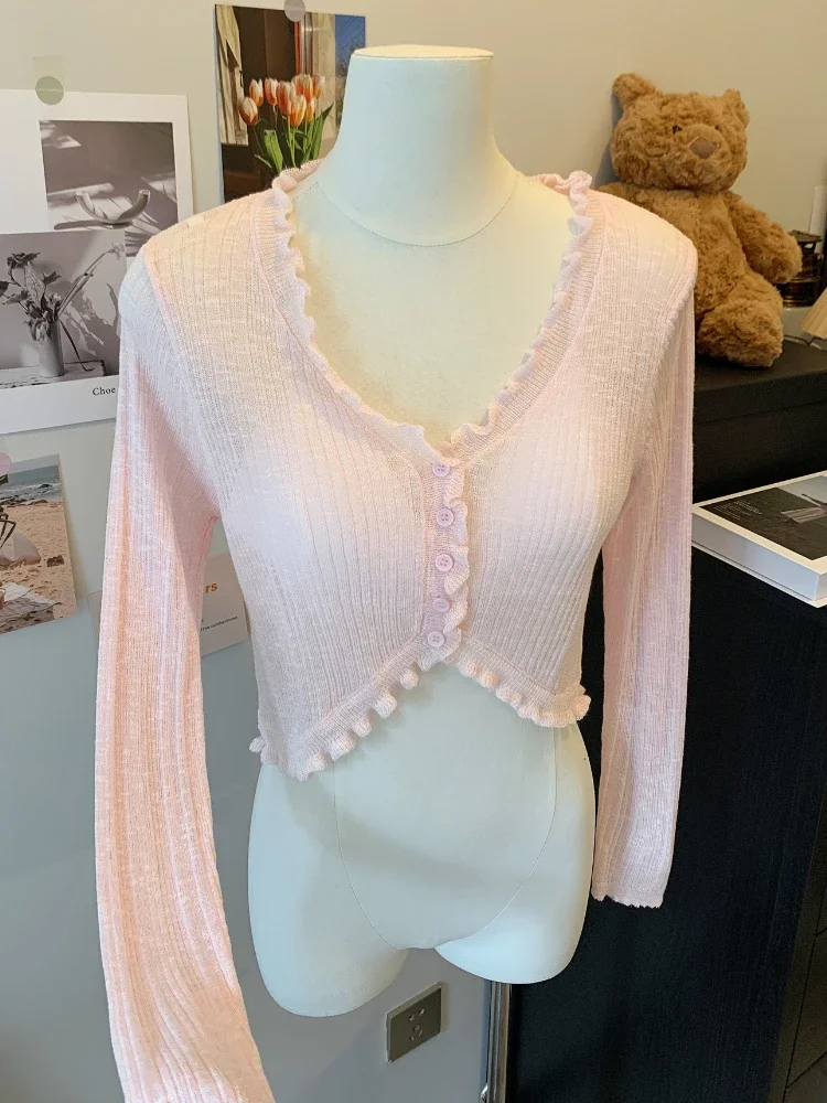 レーストリム 1 ボタン長袖クロップトップ半袖オープンフロントリブニットカーディガン女性 2025 セーター夏フェアリーコア