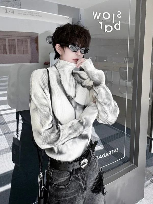 

Осенне-зимний корейский свитер с длинным рукавом и воротником-стойкой, с эффектом напыления, дизайнерский, модный, вязаный, для мужчин