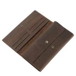 100% Genuine Leather Wallet for Men Vintage Heave Duty Cowhide Long Wallets with Phone Pouch Minimalist Mens Card Wallet