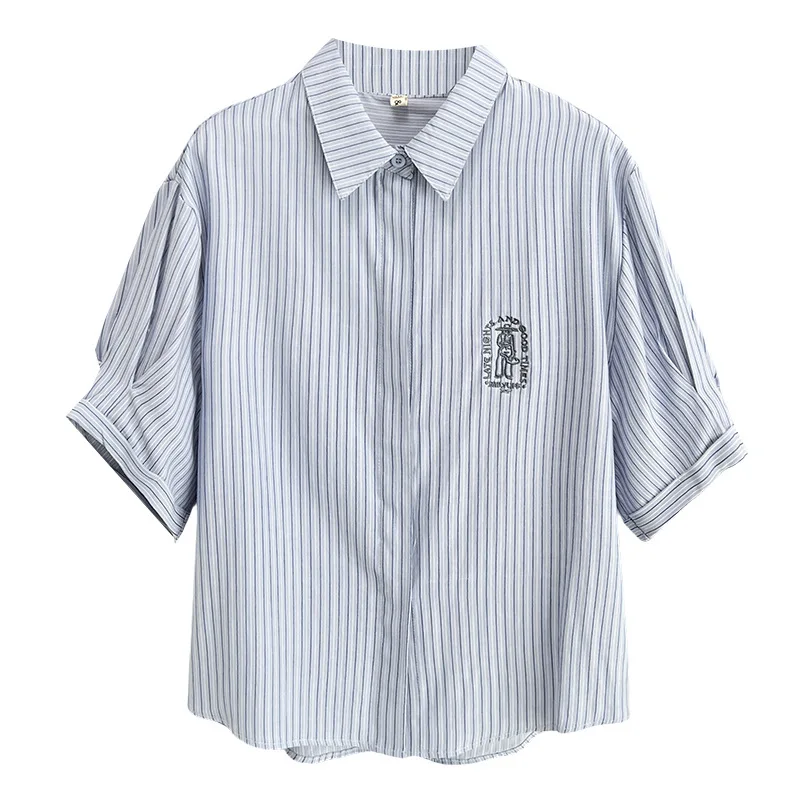 100kg Summer Plus Size Blouses New Casual And Elegant Embroidered Striped Short Sleeved Women's Shirt 2513