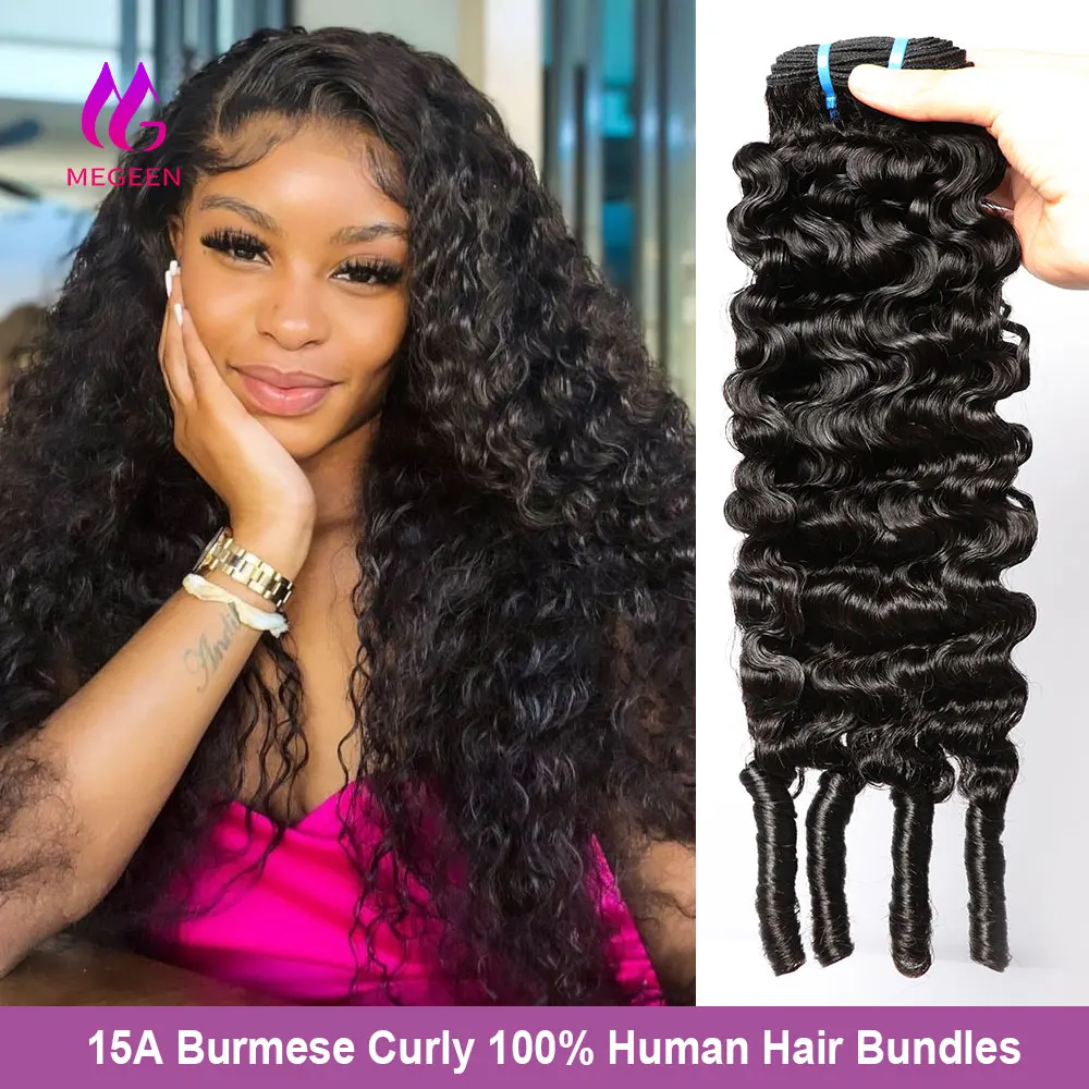 Megeen Virgin Hair Burmese Curly Bundles with Spriral Ends 15A Unprocessed Human Hair 1/3/4Pcs Deep Wave Weave Hair Extensions