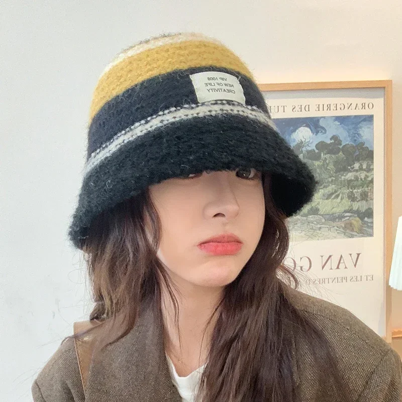 Winter Women Basin Hat Color Blocking Fisherman Hat Warm Bucket Hat Plush Female Style Versatile for Daily Use Girl Decorate