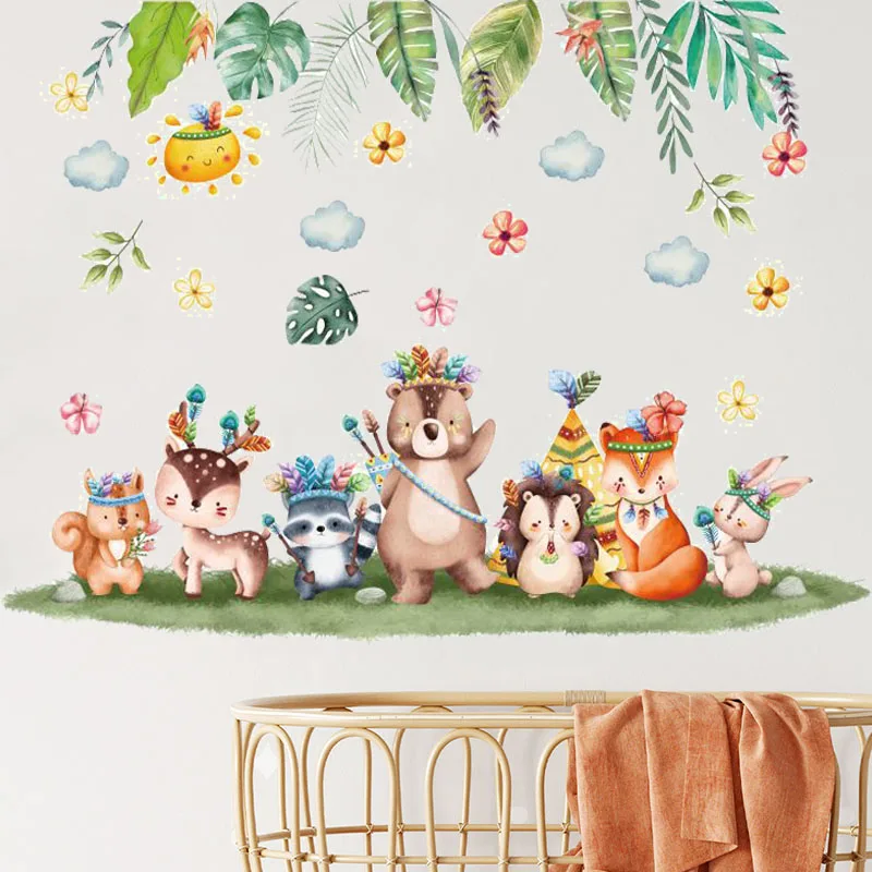 Nordic Forest Animals Height Measure Wall Stickers for Kids Girls Boys Baby Room Decoration Growth Chart Wallpaper Self-adhesive