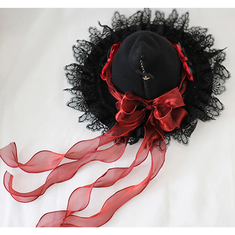 Fait à la main Lolita noir Halloween sorcière Lei Sibonett BNT chapeau nœud papillon chauve-souris dentelle arc Bnt couvre-chef femmes Cosplay cheveux accessoires fille