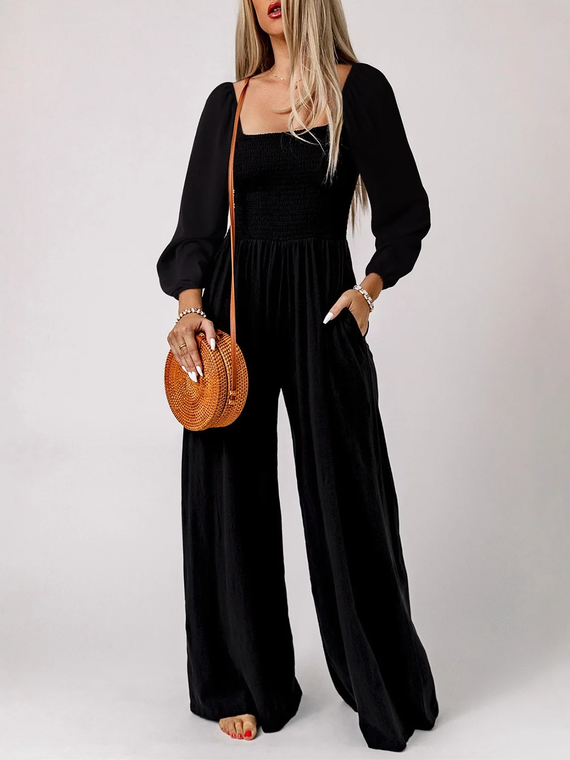 

Autumnal Jumpsuit Solid Color Wide-Leg Jumpsuit High Waisted Elegant Jumpsuit Lightweight Minimalist Workwear Jumpsuits