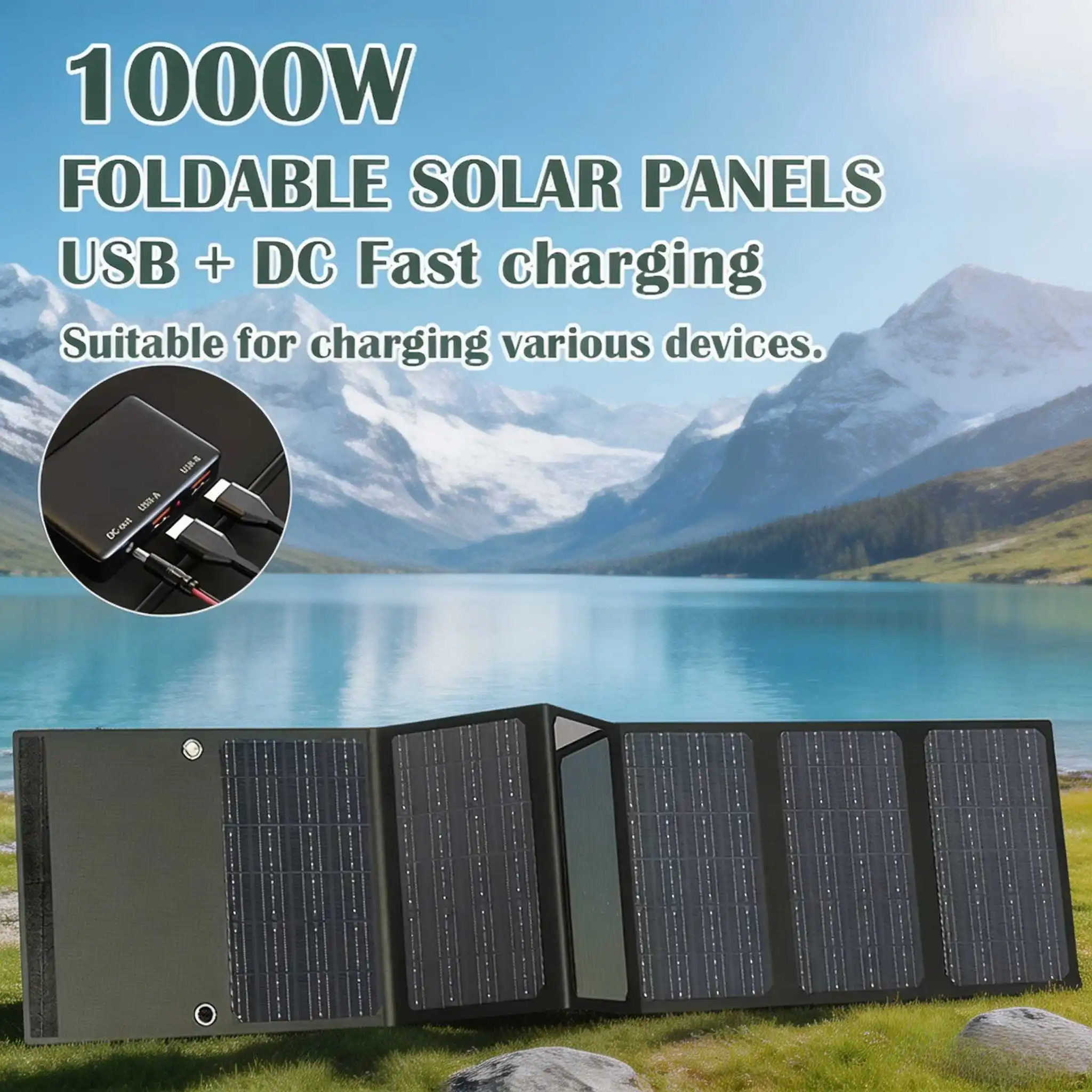 1000W Portable Solar Charger, 6-Fold Panel with USB 5V and DC Output – Keep Your Phones, Laptops, and Power Stations Charged