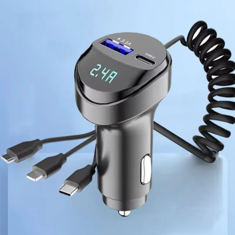 55W 2 Ports USB Fast Car Phone Charger 3.1A with Voltage Display Retractable Charging Cable 3 in 1 for Samsung Xiaomi iPhone