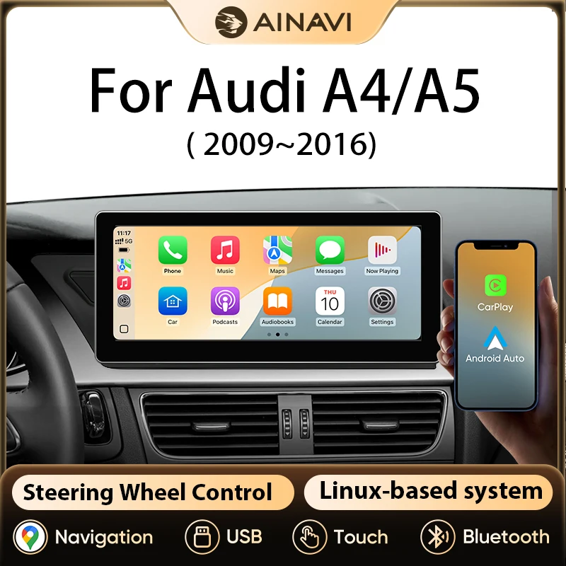 Radio para Auto AINAVI para Audi A4 A5, Carplay Inalámbrico, Android Auto, Bluetooth, 2 Din, Pantalla Táctil HD, Tecnología de Laminación Completa, Pantalla Carplay para Coche, Radio para Auto, 10.25 Pulgadas 2