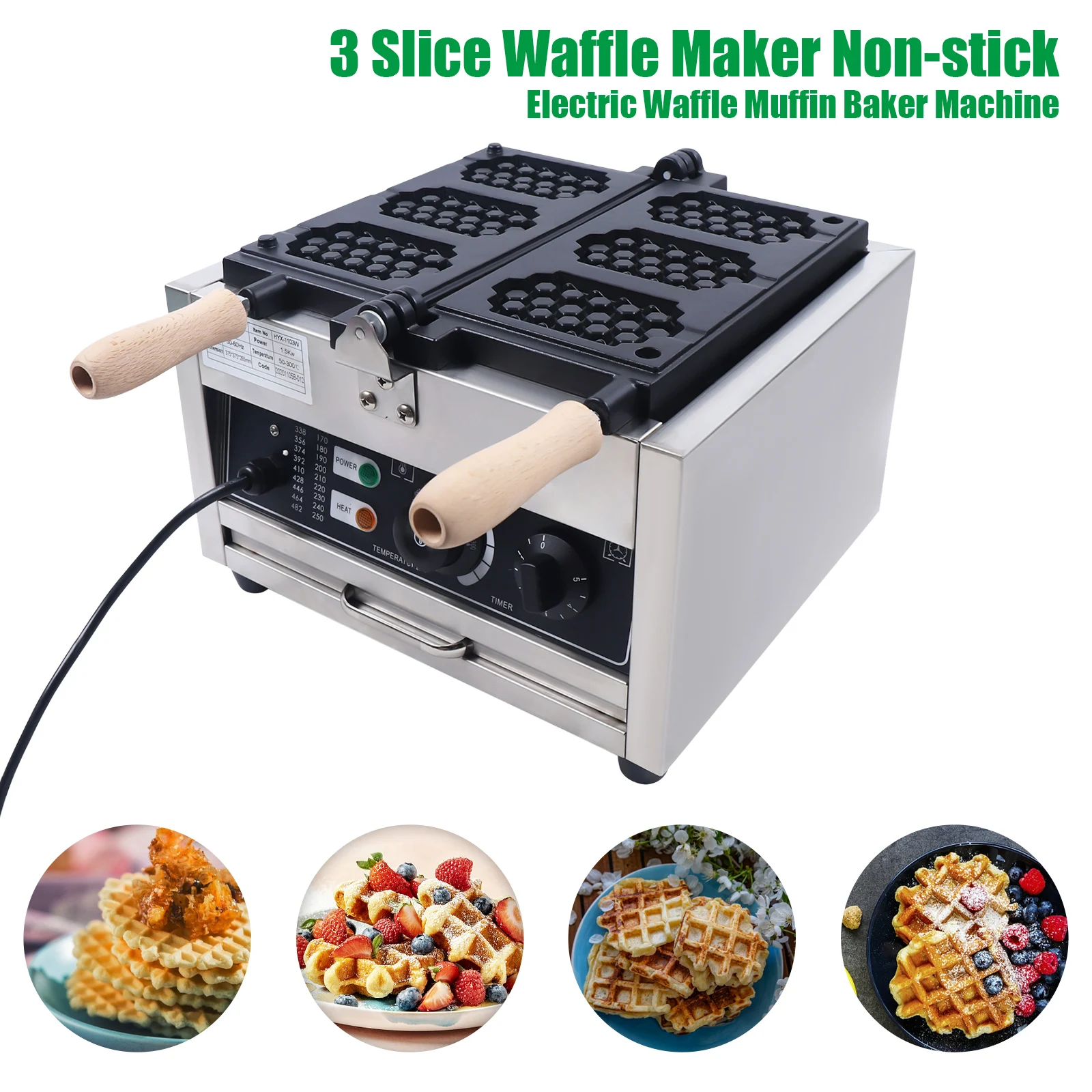 Waffle Makers Machine 110V 1500W 50～300℃ Adjustable Temperature and Time Waffle Makers Double-sided Heating With Crumb Tray