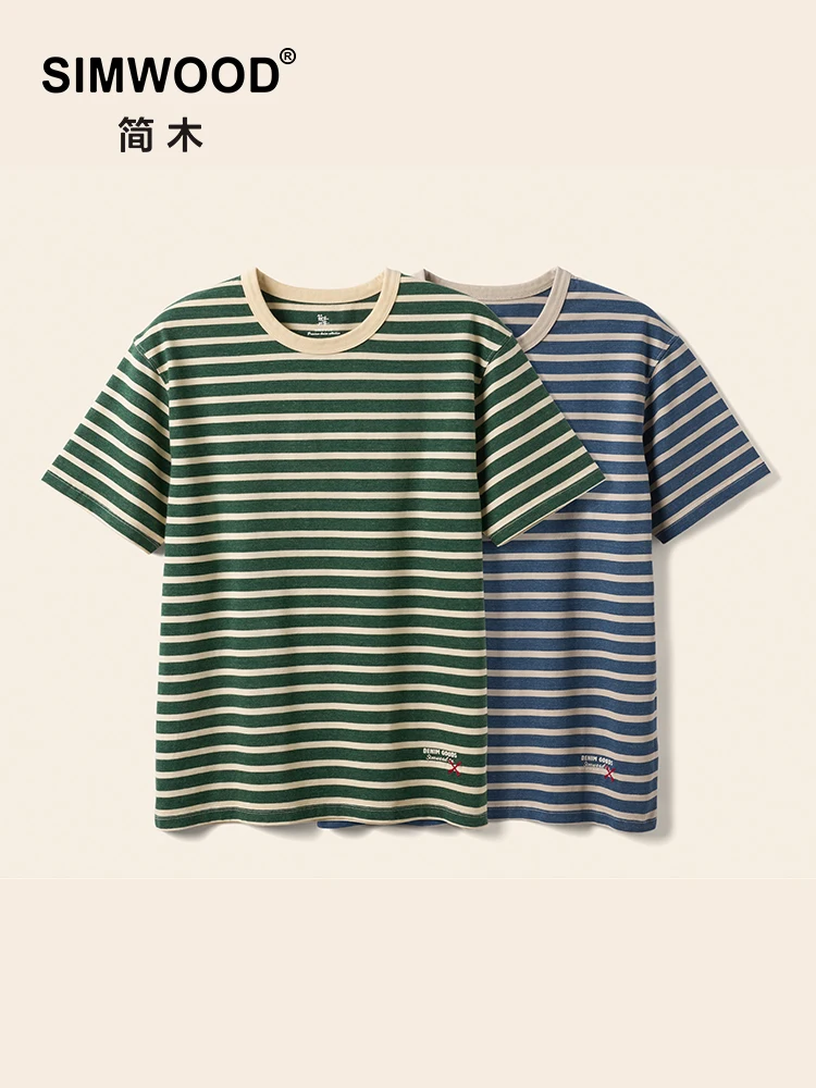 

SIMWOOD Высококачественные летние новые винтажные полосатые футболки большого размера для мужчин, топы больших размеров из 100% хлопчатобумажной ткани 260 г/м2