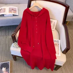 Women Basics Long Sleeves Elegant Hooded Chic Buttons Loose Knitted Long Dresses Office Lady Autumn Winter Plus Size Clothing