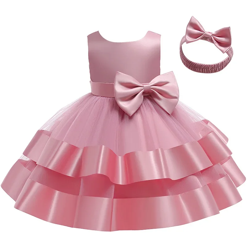 Satin Large Bow Girls Princess Dresses Puff Sleeves Children Vestido Host Wedding Birthday Party Tutu Dress Kids Fashion Clothes